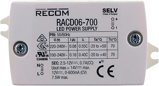 Recom RACD06-700 LED Driver Power Supply, 12-Vdc @ 600mA, 7.5-Watts, 100-240V