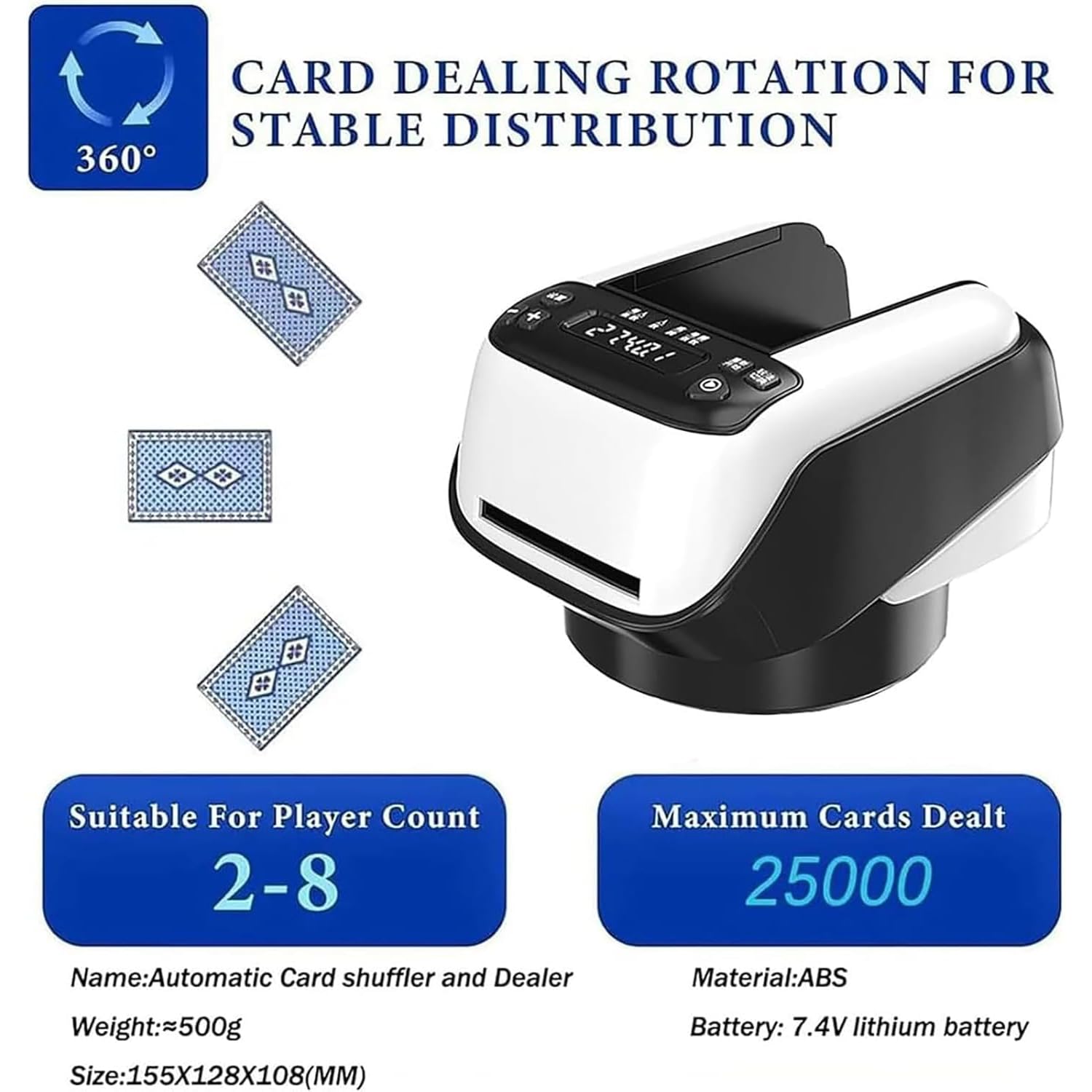Barajador automático de cartas y distribuidor con rotación de 360°, capacidad de 4 barajas para 8 jugadores, ideal para juegos de póquer, blackjack y puente