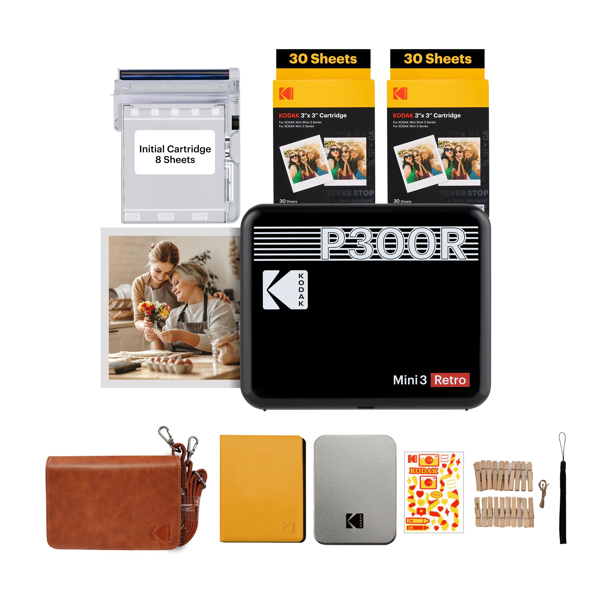 Kodak KODAK Mini 3 Retro 4PASS Portable Photo Printer (3" x 3") + 8 Printers + 60 Pieces Accessory Bundle, Black