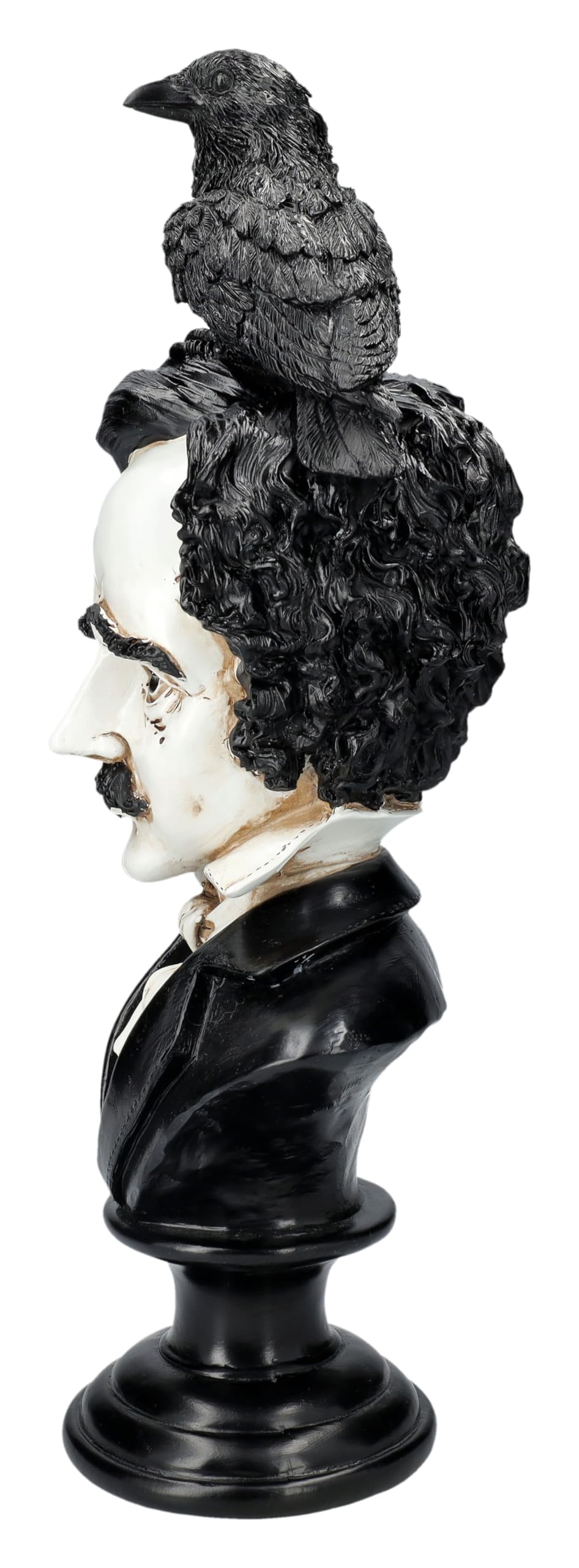 Edgar Allan Poe - Busto con cuervo (40 cm, piedra artificial, pintado a mano), color blanco y negro