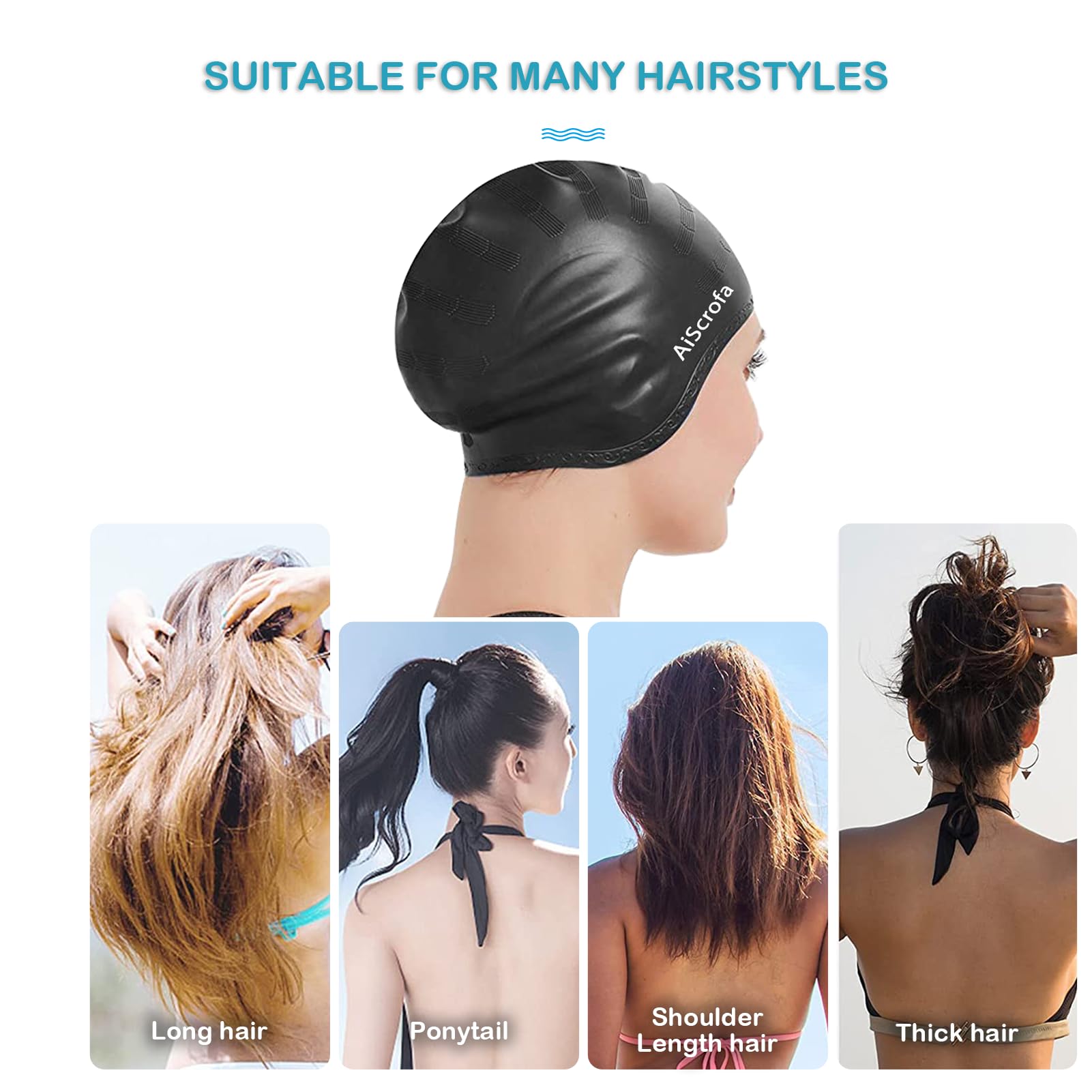 OUDQFCJ Lot 2 Bonnets De Bain Silicone Avec Protection Oreilles – Antidérapant, Antidéchirure, Confortable Pour Cheveux Longs, Femmes & Hommes