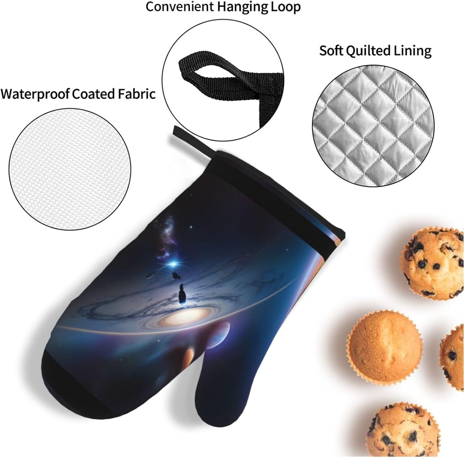 A fascinating universe Oven gloves and heat-resistant mat 4-piece set. Suitable for grilling, microwave oven frying, and baking