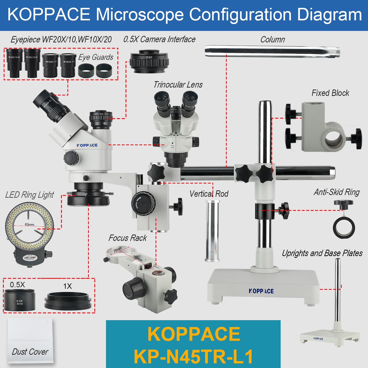 KOPPACE 3.5X-90X Trinocular Stereo Microscope Single Arm Stand Continuous Zoom Lens