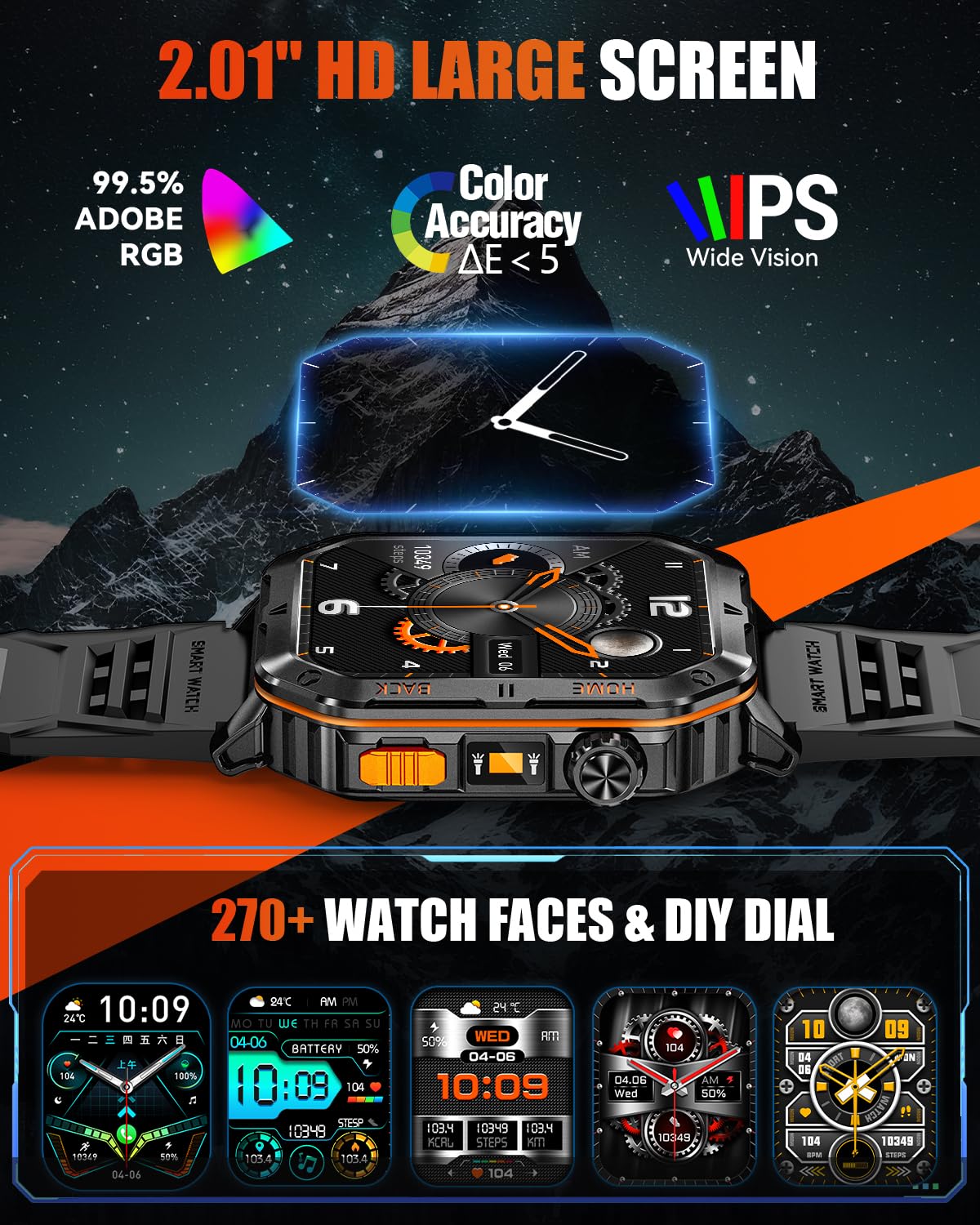 Military Smart Watch for Men, 2.01'' Fitness Tracker with 1200mAh Long Battery Life, Bluetooth Calls, Flashlight, IP68 Waterproof, Heart Rate/Sleep Tracking, 100+ Sports Modes for Android iPhone