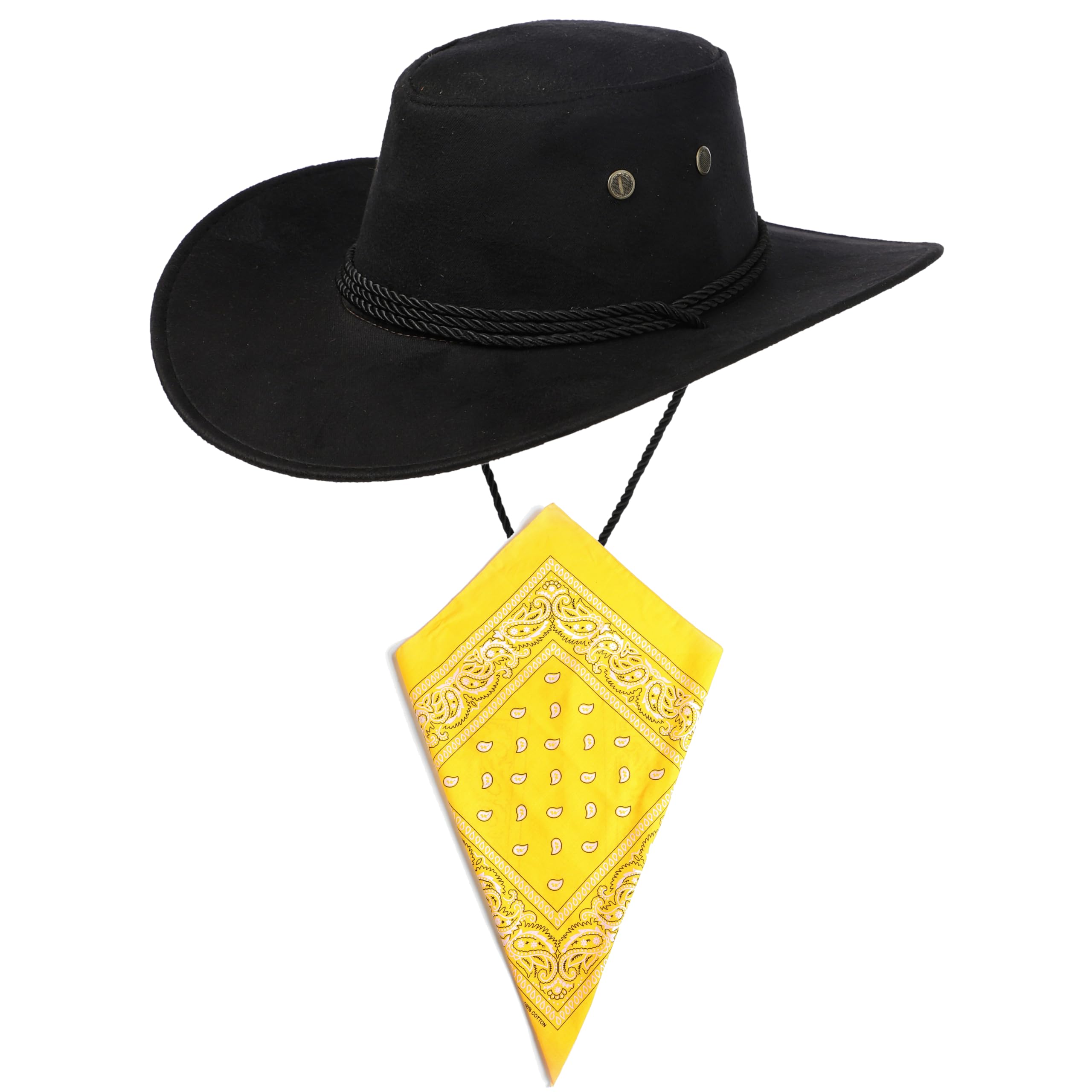 Komonee Black Cowboy Hat and Yellow Bandana Western Sun Cap Faux Felt Leather Suede Fancy Dress Party Costume Outfit Neckscarf Sun Protection Mens Womens โ image 1