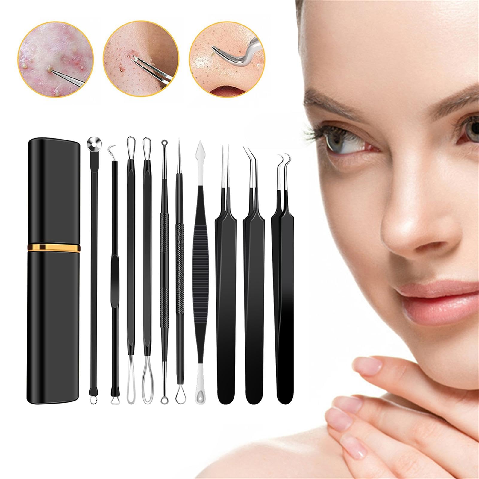 10pcs Pickel-Popper Tool Kit Edelstahl Mitesser Entferner Werkzeug Komedonen Extraktor für Stirn Gesichtsnase Leichtes Akne-Nadelwerkzeug mit Metallkoffer für Reisen Zuhause