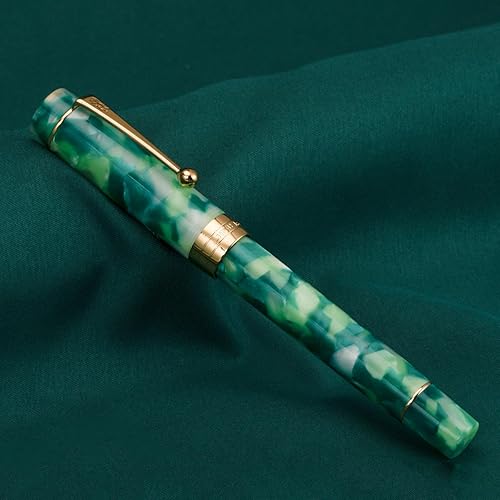 Miniatura 2 de Jinhao - Pluma estilográfica clásica con borde dorado de mármol verde, punta M con convertidor y estuche para bolígrafos