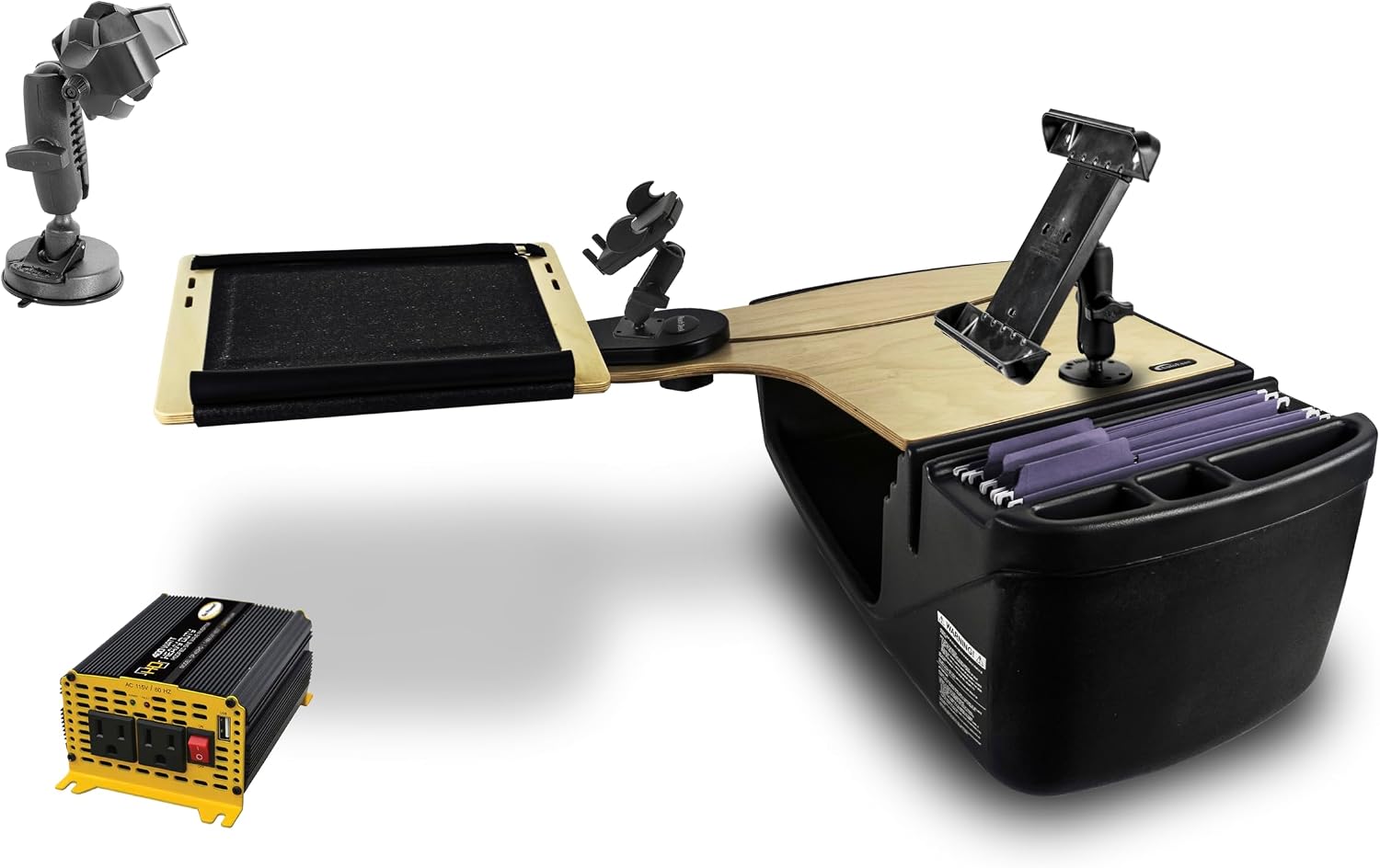 AutoExec Reach Desk Back Seat Car Desk for Your Vehicle Workstation and Mobile Office, Birch, with 400 watt Power Inverter, Phone Mount, Tablet Mount and Suction Phone Mount