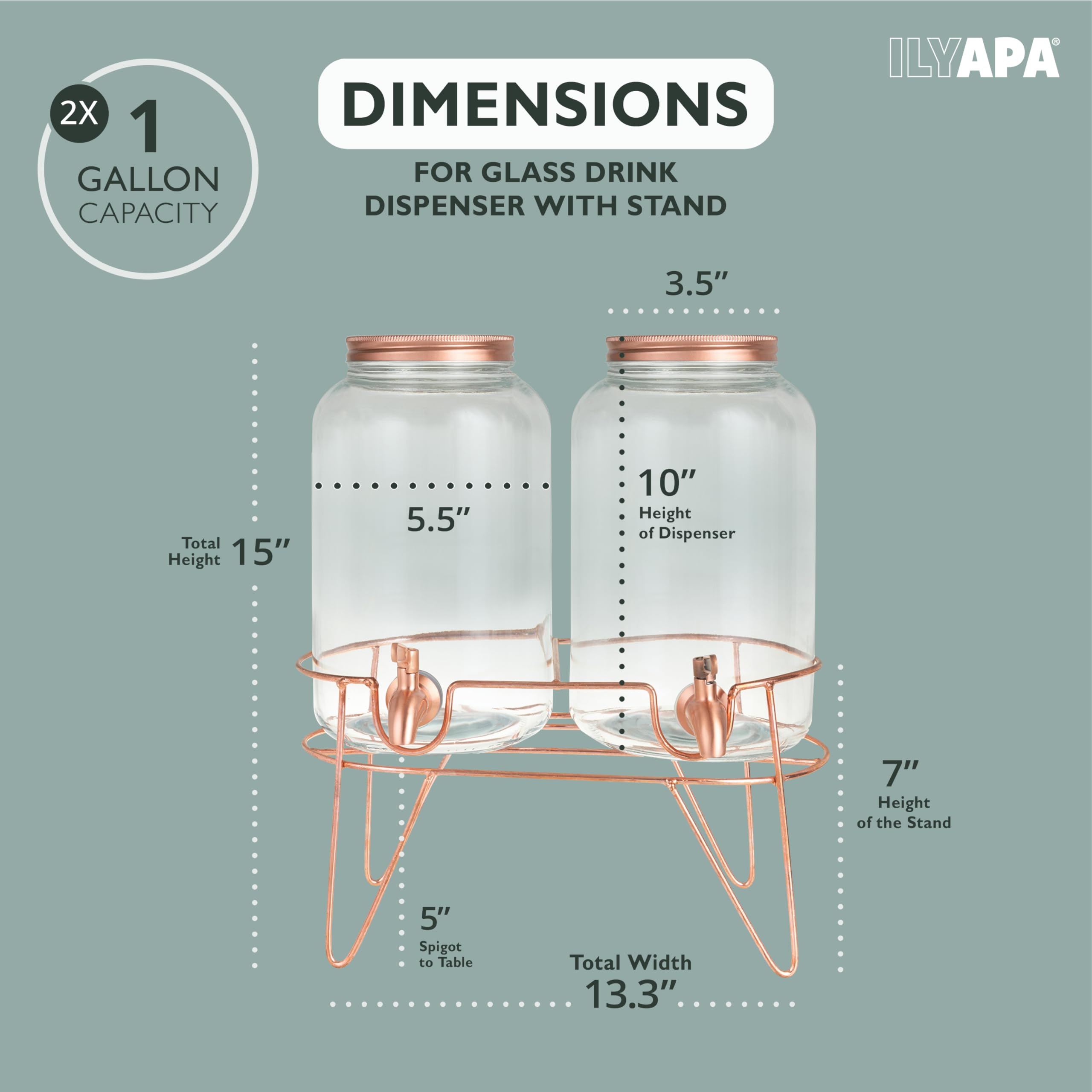 Ilyapa Rose Gold Double Glass Beverage Dispenser with Stand - 1 Gallon Large Drink Dispensers for Parties with Stainless Steel Spigots for Ice Water, Lemonade, Juice, Sangria, Tea & Punch