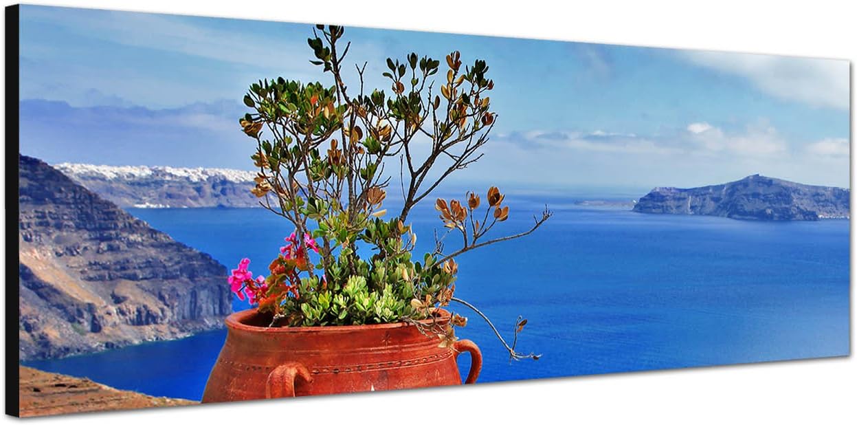 Wall Picture with Stretcher Frame 150 x 50 CM Flower Ocean Santorini Flowers Sky