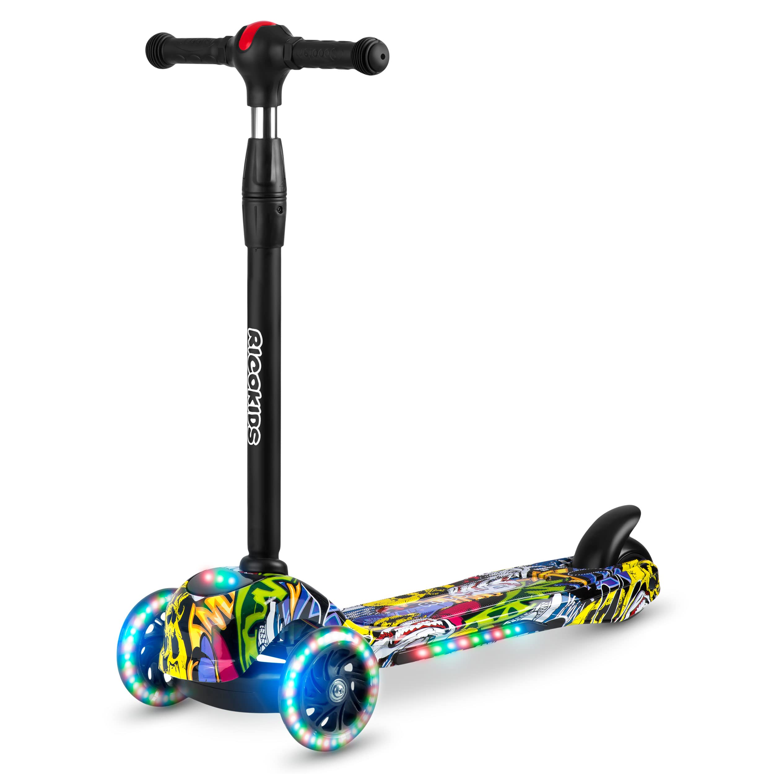 Ricokids Patinete LED de 3 Ruedas para niños, Altura Ajustable, Plegable, Patinete de Tres Ruedas, Capacidad de Carga de 25 kg, para niños a Partir de 3 años, Color Negro