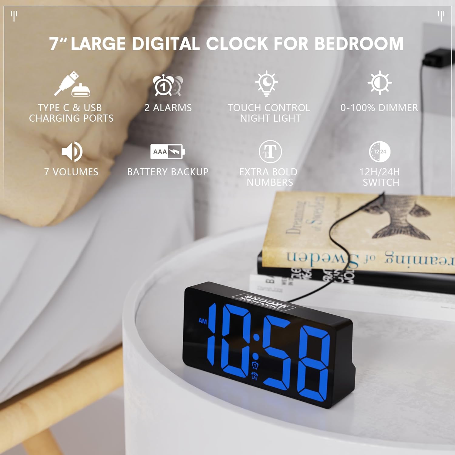 ROCAM CR1023 Digital Alarm Clock on a nightstand, highlighting key features.