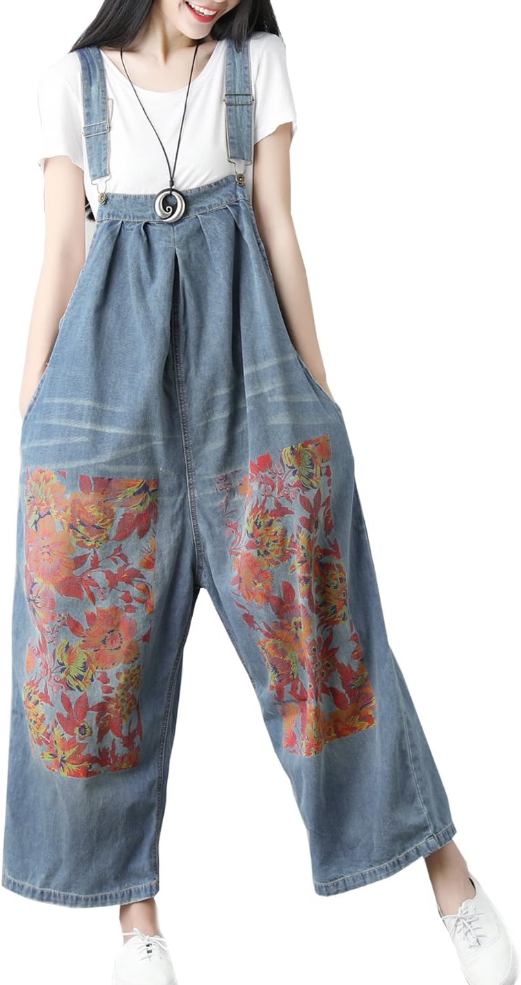 FlygoWomen's Loose Boyfriend Floral Printed Wide Leg Denim Bib Overalls Jumpsuits with Pockets (One Size, Blue 02), Style 02 Blue, One size