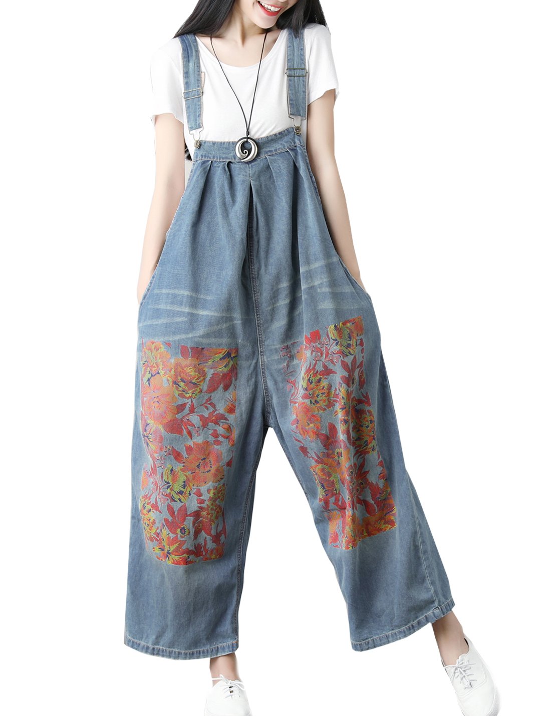 FlygoWomen's Loose Boyfriend Floral Printed Wide Leg Denim Bib Overalls Jumpsuits with Pockets (One Size, Blue 02), Style 02 Blue, One size