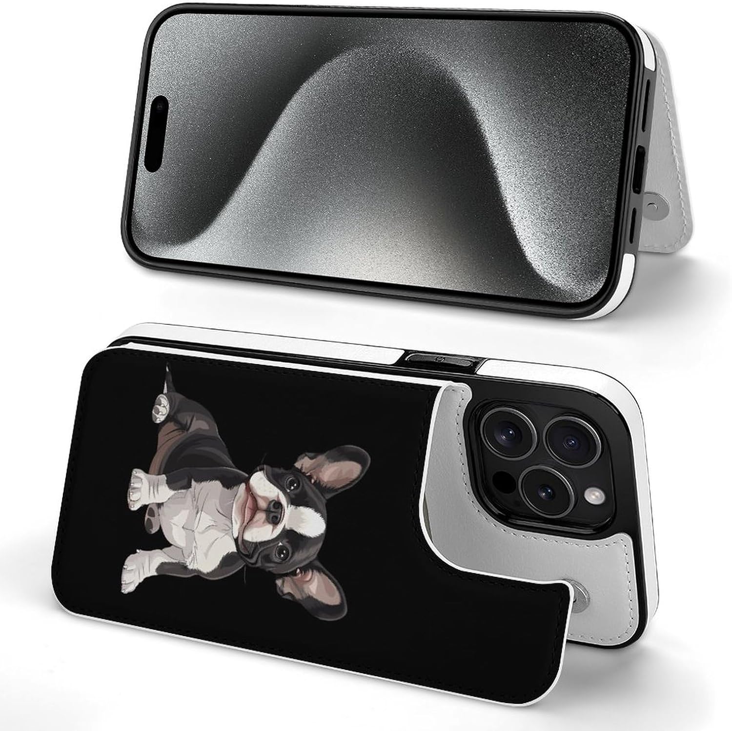 Cute Boston Terrier Dog Wallet Flip Case Protective Cover Compatible with iPhone 15/15 Plus/15 Pro/15 Pro Max with Card Slots