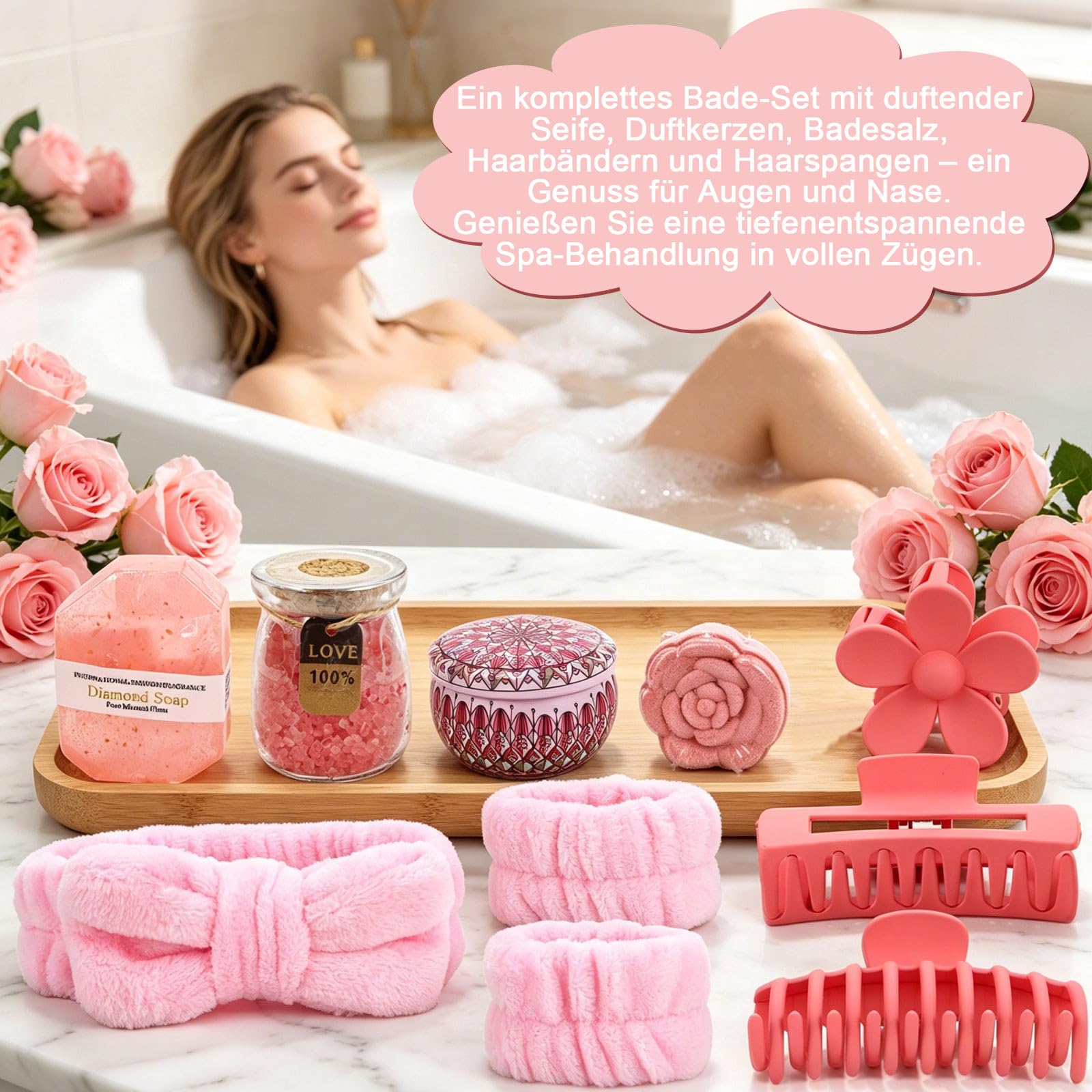 Geschenke für Frauen, Geburtstagsgeschenk für Freundin, Wellness Geschenkset Frauen für Beste Freundin, Schwester, Ehefrau, Mama & Kollegin mit Glasbecher Duftkerze Haarschmuck