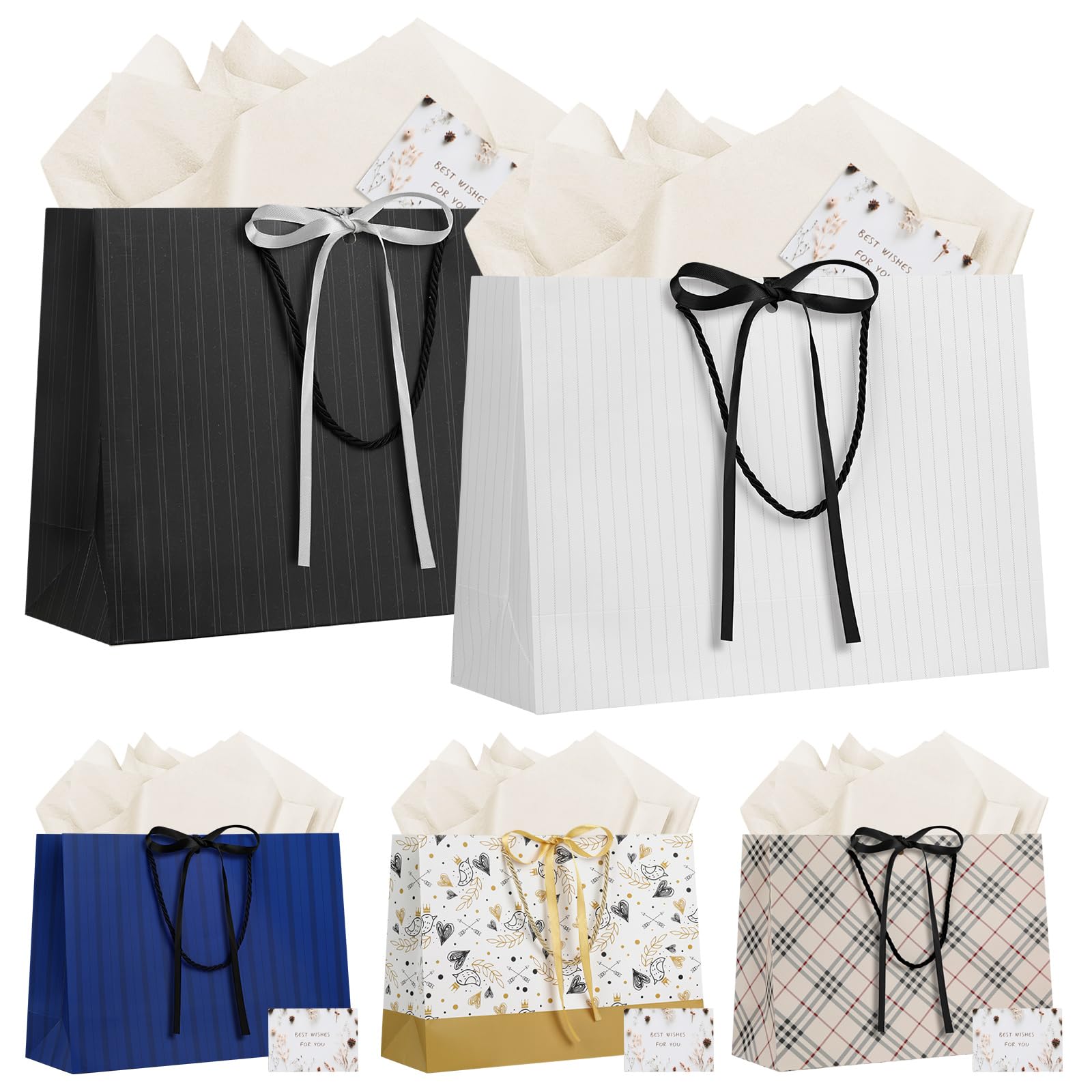 LVNRIDS 5 Piece Gift Bag Large with Handle, 32x11x25cm Gift Bags with ribbons 5 Greeting Cards 5 Tissue Paper, Gift Bags for Wedding Birthday Party Christmas Thanksgiving Presents Mix