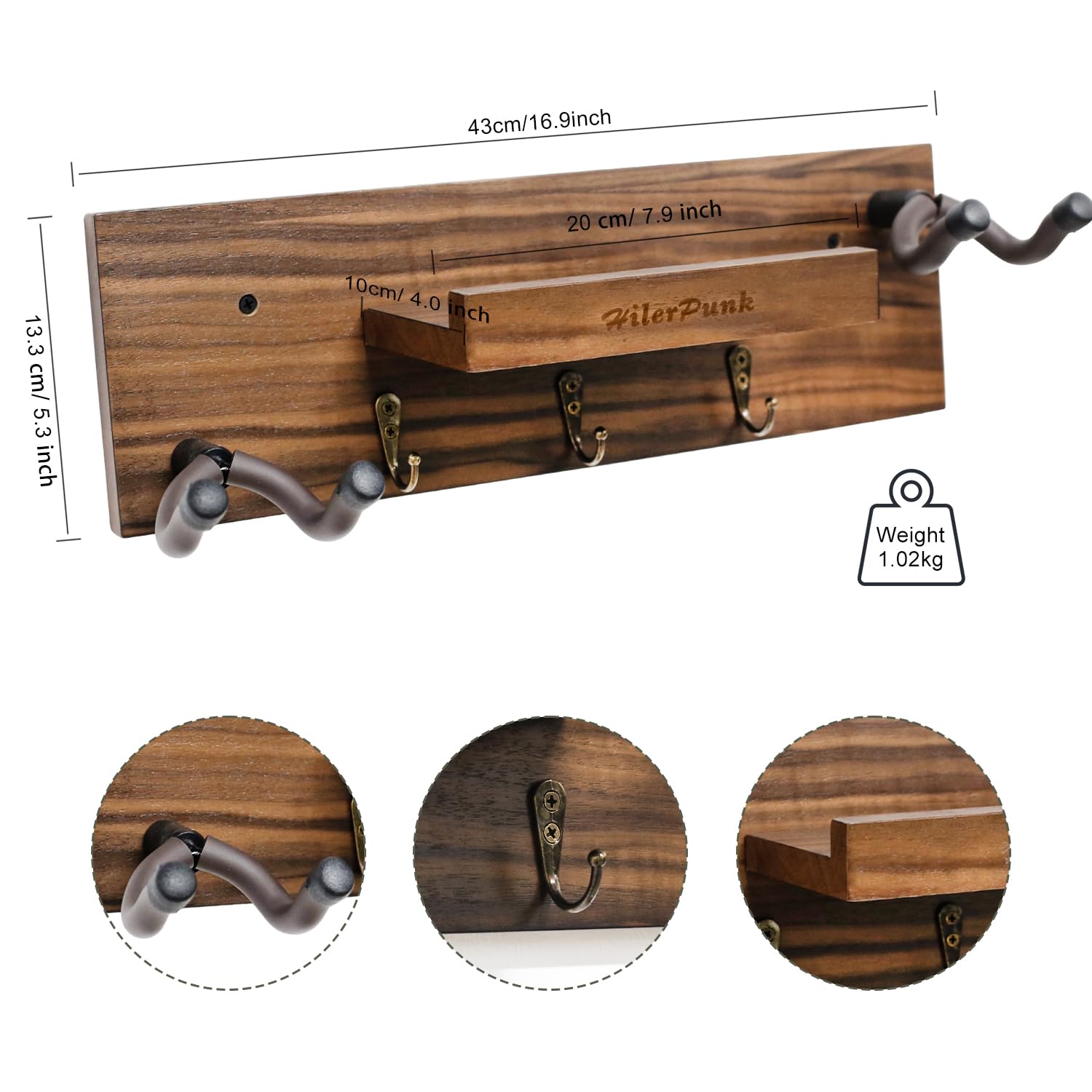 Soporte de pared para guitarra de madera maciza, colgador de guitarra con 3 ganchos de almacenamiento y 2 colgadores de goma giratorios para guitarra, con estante y soporte para púas