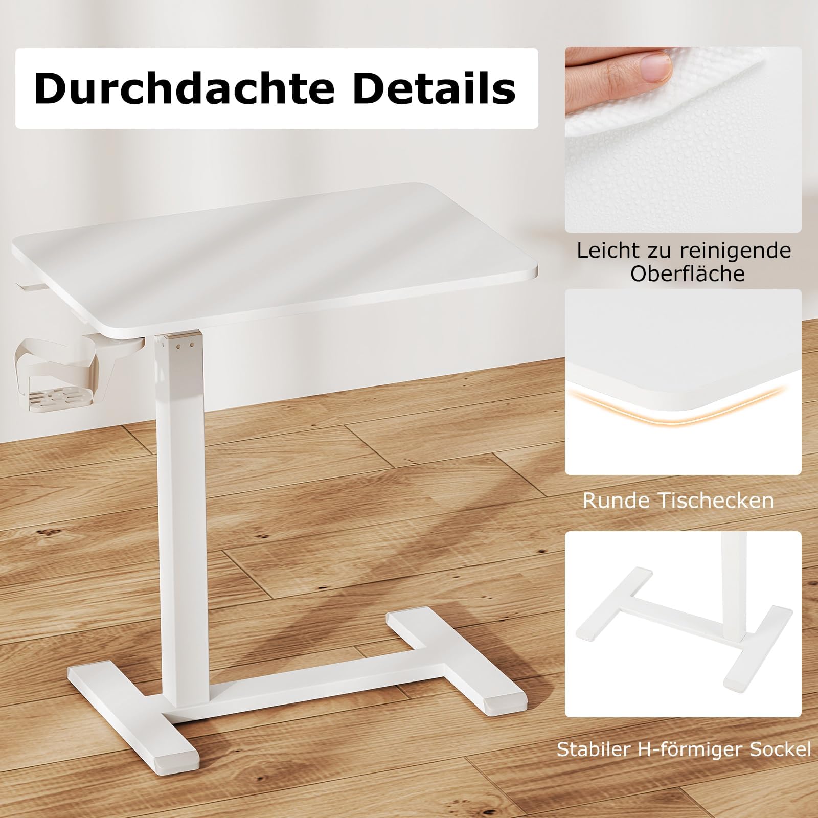 FANTASK Mesa de enfermería con Soporte para Vasos y Ganchos, Mesa Auxiliar, Mesa Auxiliar con Ruedas Ocultas para Camas de enfermería y enfermería (Blanco)