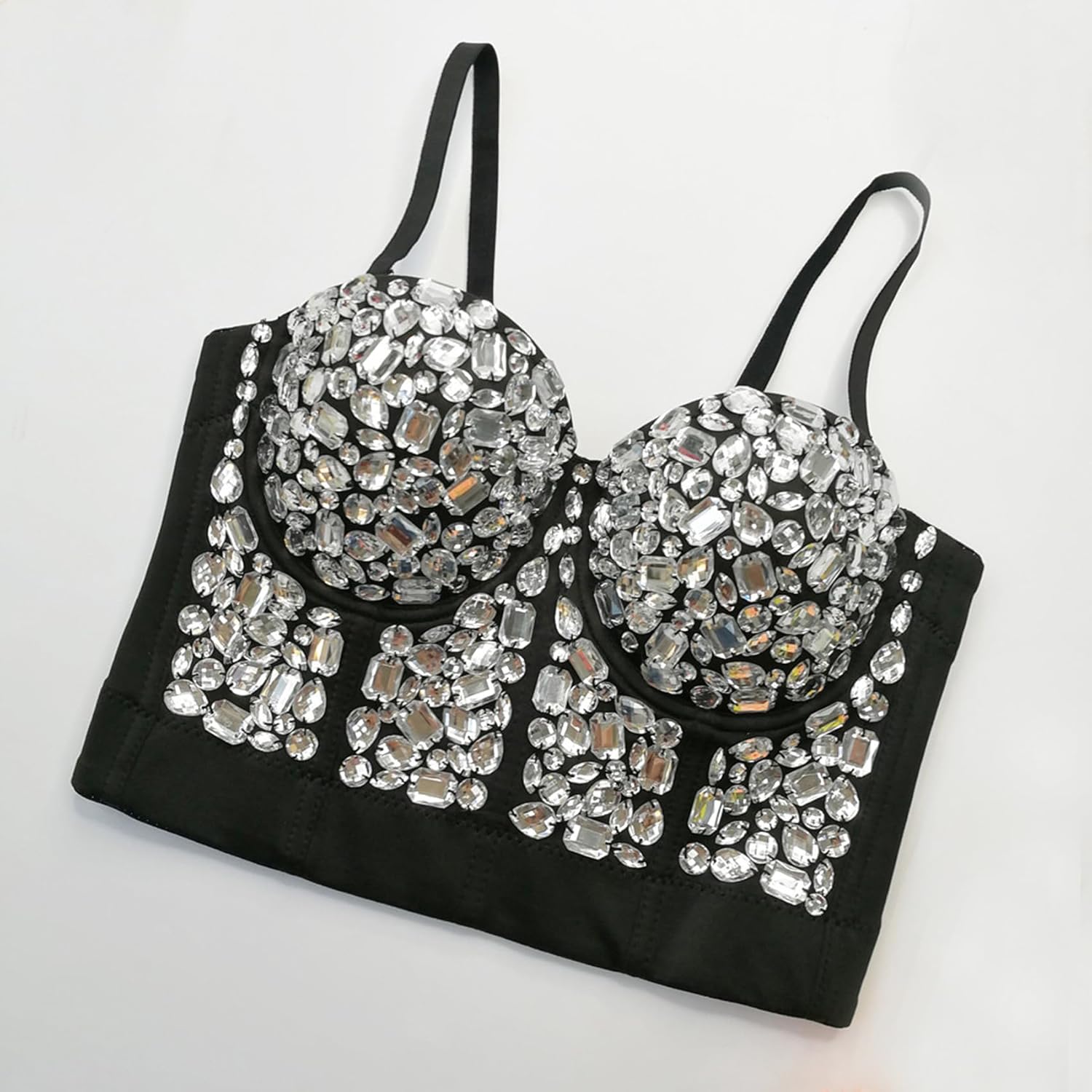 Women's Handmade Rhinestone Diamond Push up Bustier Crop Top Punk Corset Bra Vest