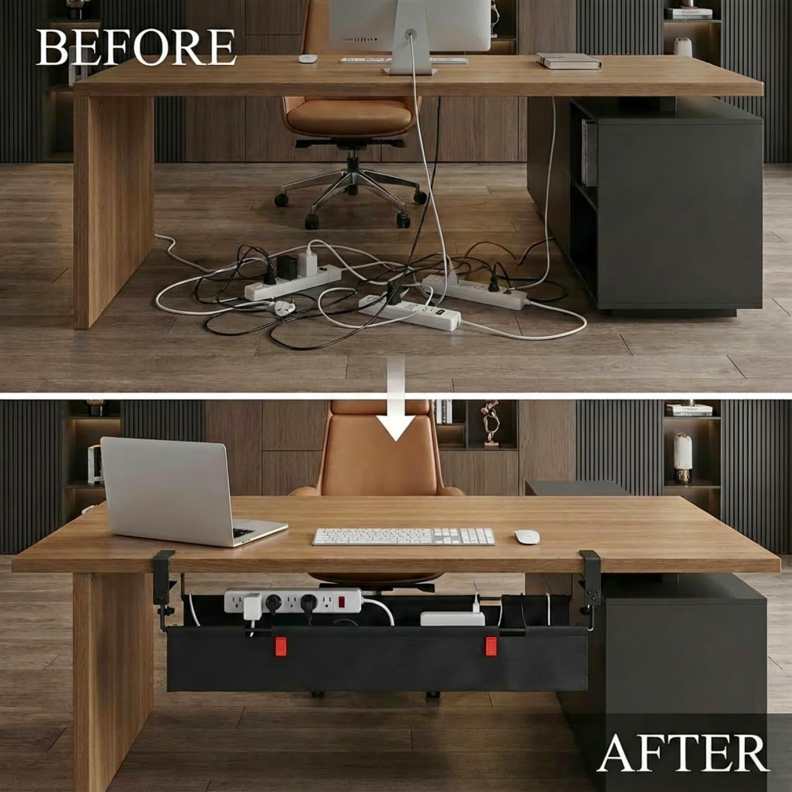 Grand plateau de rangement sous table de 90 cm pour ranger plusieurs câbles, chargeurs, multiprises