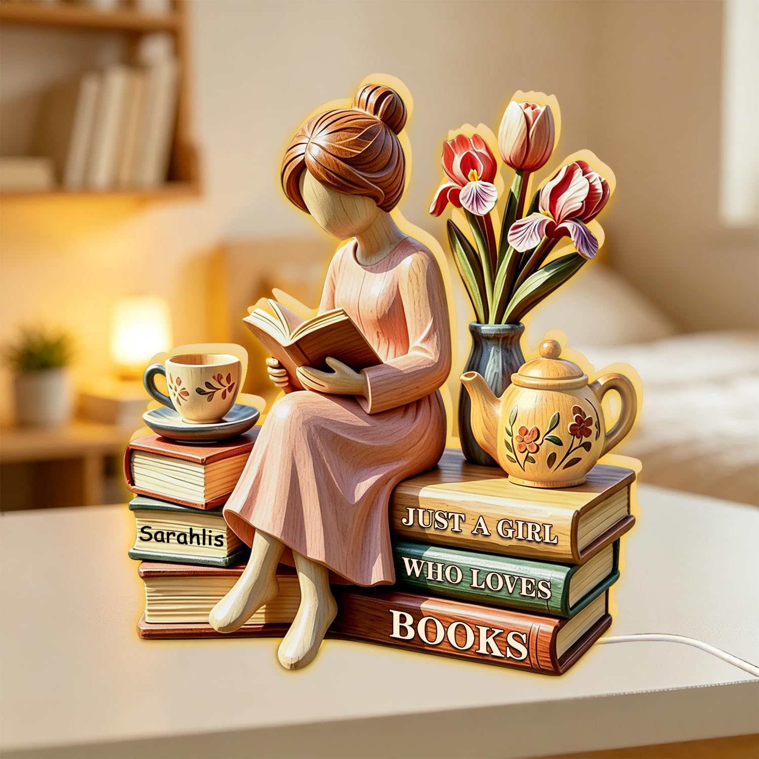 Personalized Just A Girl Who Loves Books Light Box, Custom Reading Book Lover LED Night Light Lamp Reading Gifts for Bookworm, Bookish, Book Reader, Librarians, Bookshelf Library Home Decor