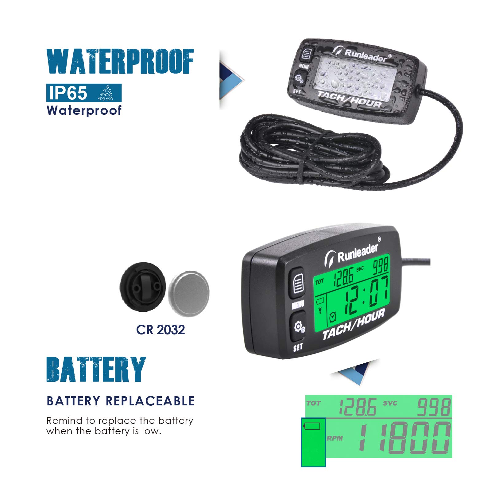 Runleader-Betriebsstundenzähler-Drehzahlmesser, Wartungserinnerung, Alarmdrehzahl, voreingestellte Anfangsstunden für ZTR-Mähergenerator-Marine-ATV und gasbetriebenes Gerät.(button-BK)