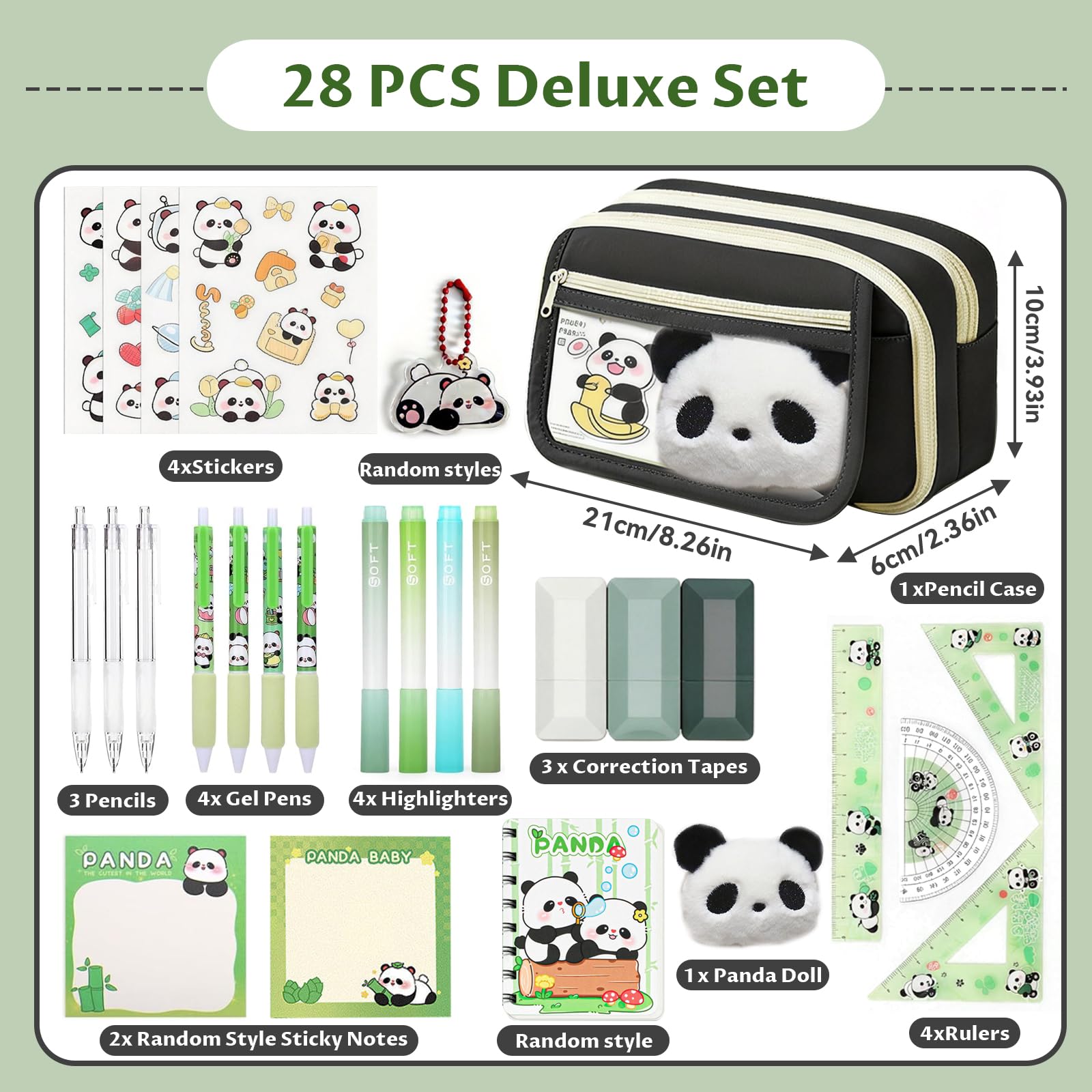 28 Pcs Trousse Panda Ensemble, Trois étages, Trousse Kawaii Panda | avec Surligneurs, Stylos gel, Règle, Ensemble de Fournitures Scolaires pour les Notes ou les Devoirs Quotidiens