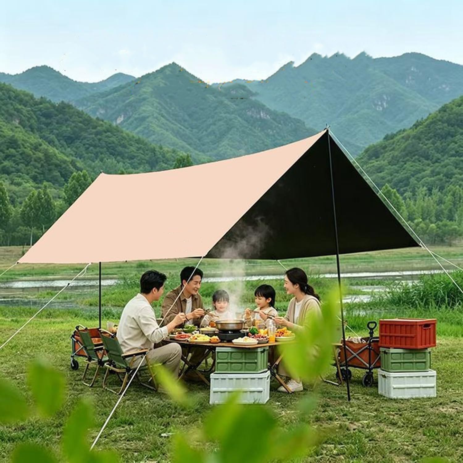 Large Black Coated Camping Tarp, Waterproof Anti-UV Sun Shelter Tent 210D Oxford Cloth Canopy with Poles & Guy Adjusters, for Picnic Beach Car Camp(13.1x9.9ft)