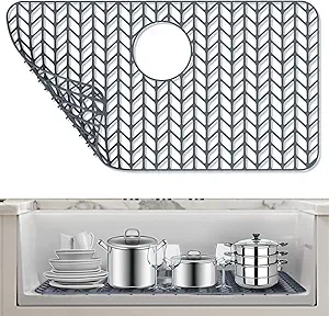 AWOKE Silicone Sink Protectors for Kitchen Sink, 26''x 14'' Folding Non-slip Sink Mat Grid, for Bottom of Farmhouse Stainless Steel Porcelain Sink with Rear Drain (Grey)