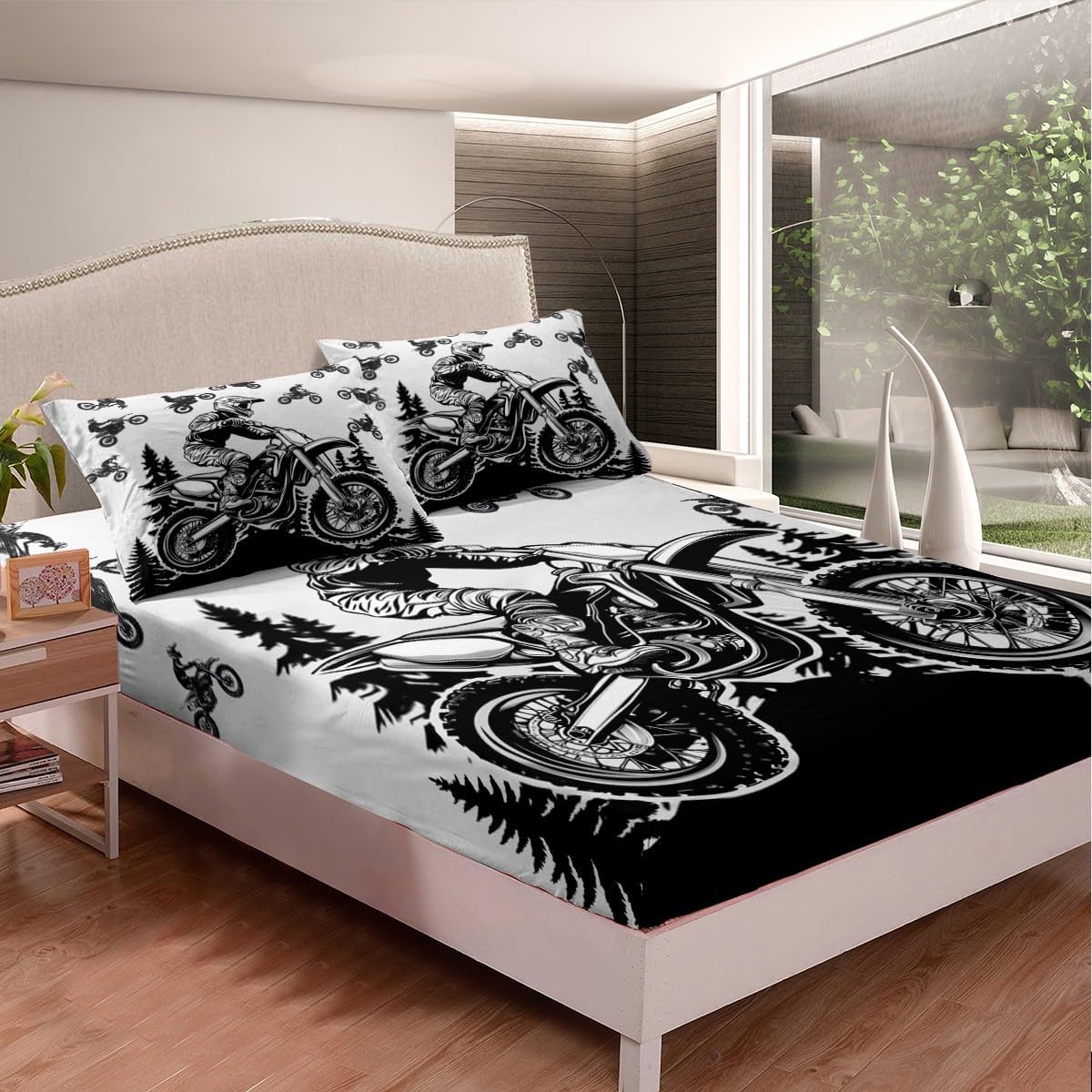 Dirt Bike Bedding Set Twin Size Motocross Rider Bed Set for Girls Teens Bedroom Decor Kids Extreme Sports Fitted Sheet Soft Microfiber Motorcycle Bed Cover(1 Fitted Sheet+1 Pillow Case)