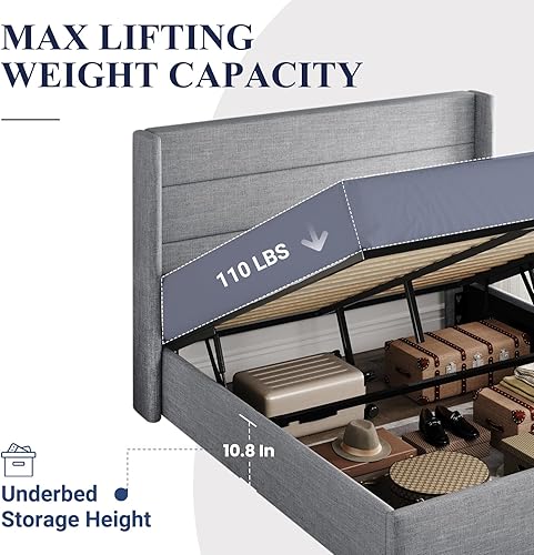 Miniatura 5 de Allewie Cama de almacenamiento elevable de tamaño matrimonial, cabecera moderna con respaldo alado, no necesita somier, almacenamiento hidráulico,