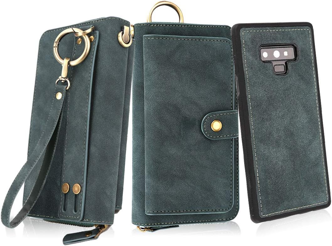 Petocase Compatible Note 9 Wallet Case, Multi-Functional PU Leather Zip Wristlets Clutch Detachable Magnetic 13 Card Slots & 4 Cash Pocket Protection Cover for Samsung Galaxy Note 9 Green