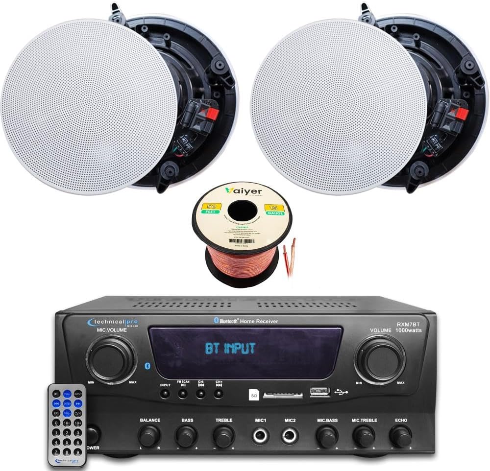 Technical Pro Home Theater Sound System Kit - 1000 Watts Bluetooth Amplifier w/ 2 QTY of 8" Frameless Ceiling Speakers 300 W Each, 50 ft Speaker Wire & Remote Perfect for Home, Office, Restaurant, Bar