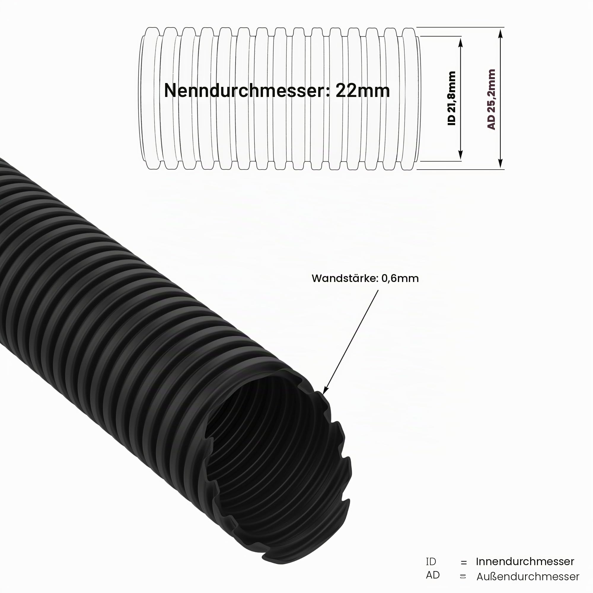 AUPROTEC Wellrohr ungeschlitzt 2 bis 50m / Leerrohr für Erdkabel/Wellrohr UV beständig/Kabelschutzschlauch/Kabelschlauch schwarz - Innendurchmesser 22 mm, Länge 50 m