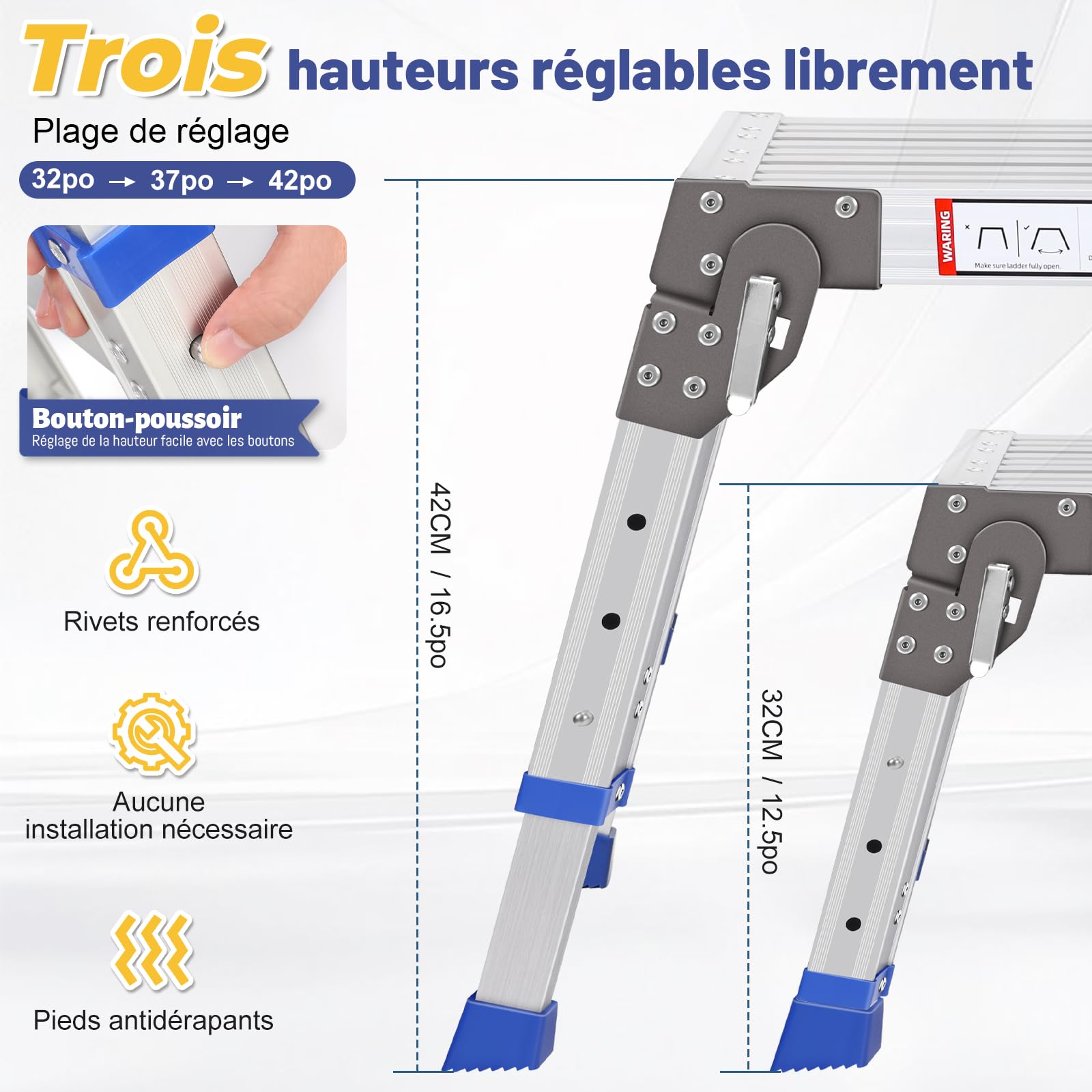 Plateforme de Travail Réglable en Aluminium, Repose-Pieds Réglable en Hauteur à 3 Positions (32-42 cm), Escabeau pour Maison, Bureau et Garage, Échelle à Marches avec Verrous de Sécurité