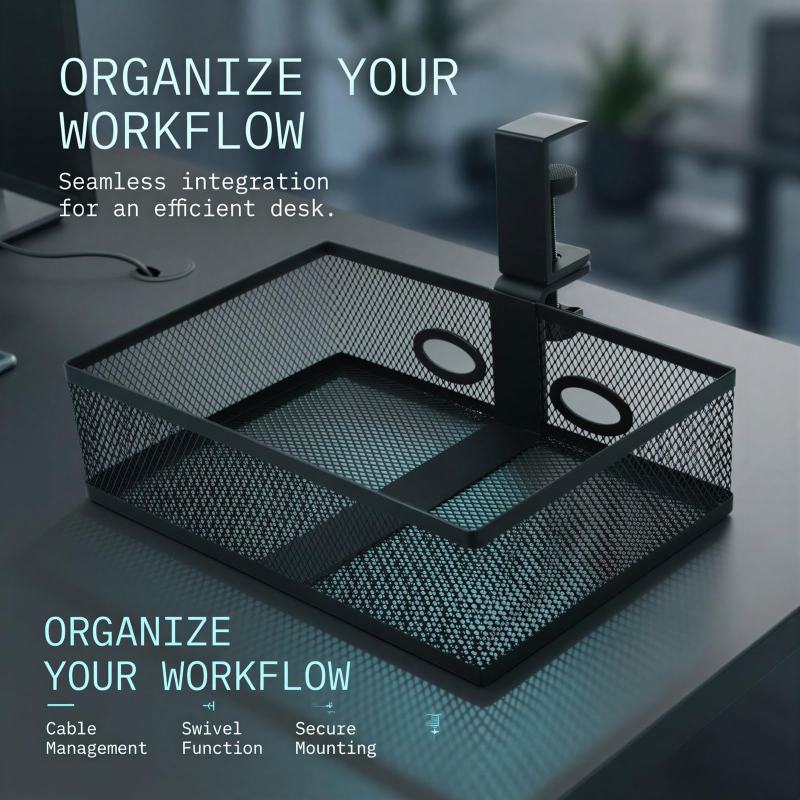 Organizer da scrivania in rete, girevole sotto la scrivania, con foro per cavo da 1.2 in / 3 cm, morsetto su cestino rotante per cancelleria, telefono cellulare e forniture per ufficio