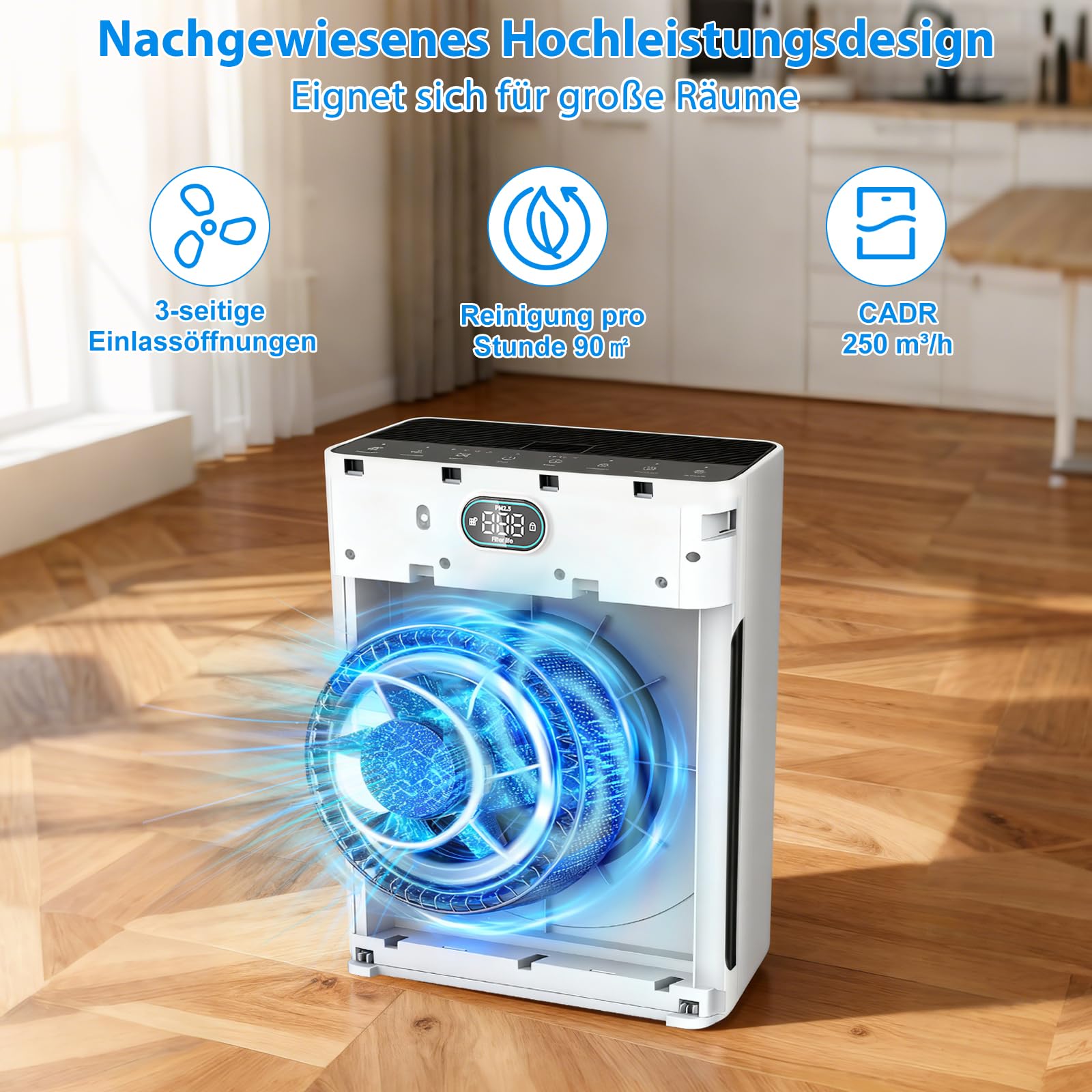 HEPA Luftreiniger,Air Purifier mit App-gesteuert&PM2.5 LED-Anzeige,Schlafmodus bis zu 22 dB,CADR 250m³/h bis 90㎡,Tiermodus,entfernt 99,97% von Staub, Pollen, Tierhaaren & Gerüchen