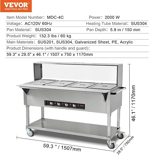 Miniatura 7 de VEVOR Calentador de alimentos comercial de 4 bandejas, 4 mesas de vapor eléctrica de 20.6 cuartos de galón, calentador de alimentos profesional de