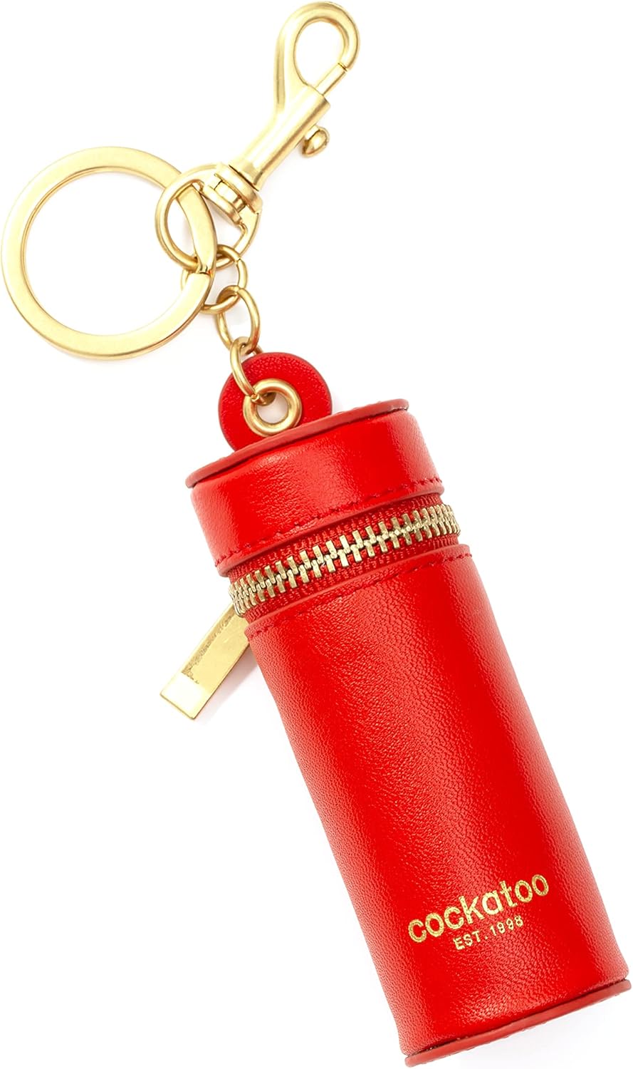 Cockatoo Nappa Leaeher Zipper Lipstick Holder Keychain Chapstick Case with Keyring (TrueRed)