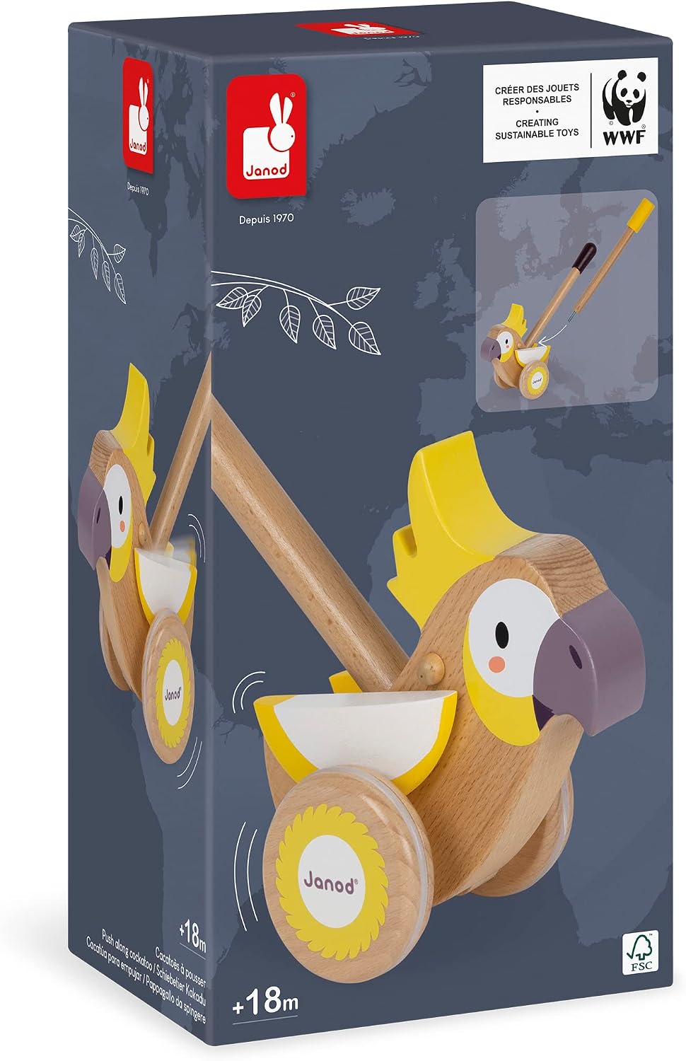 Janod World Wildlife Federation – Push Along Cockatoo with Adjustable Handle – Ages 18 Months+ - J08604