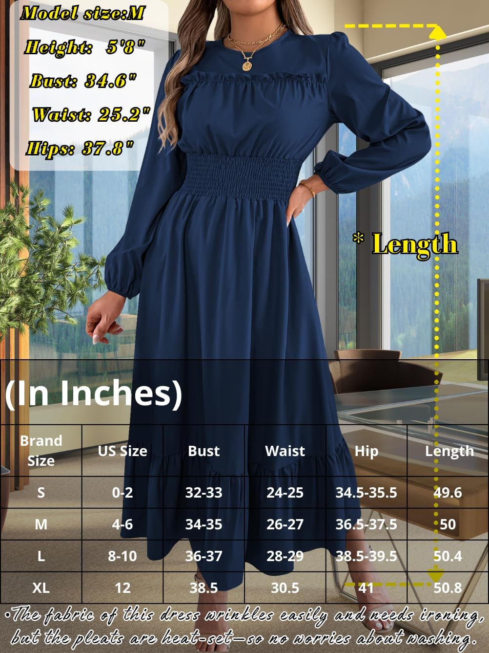 Ruffle Maxi Dress for Women, Pleated A Line Flowy, Business Casual, Holiday Modest Long Sleeve Smocked Spring