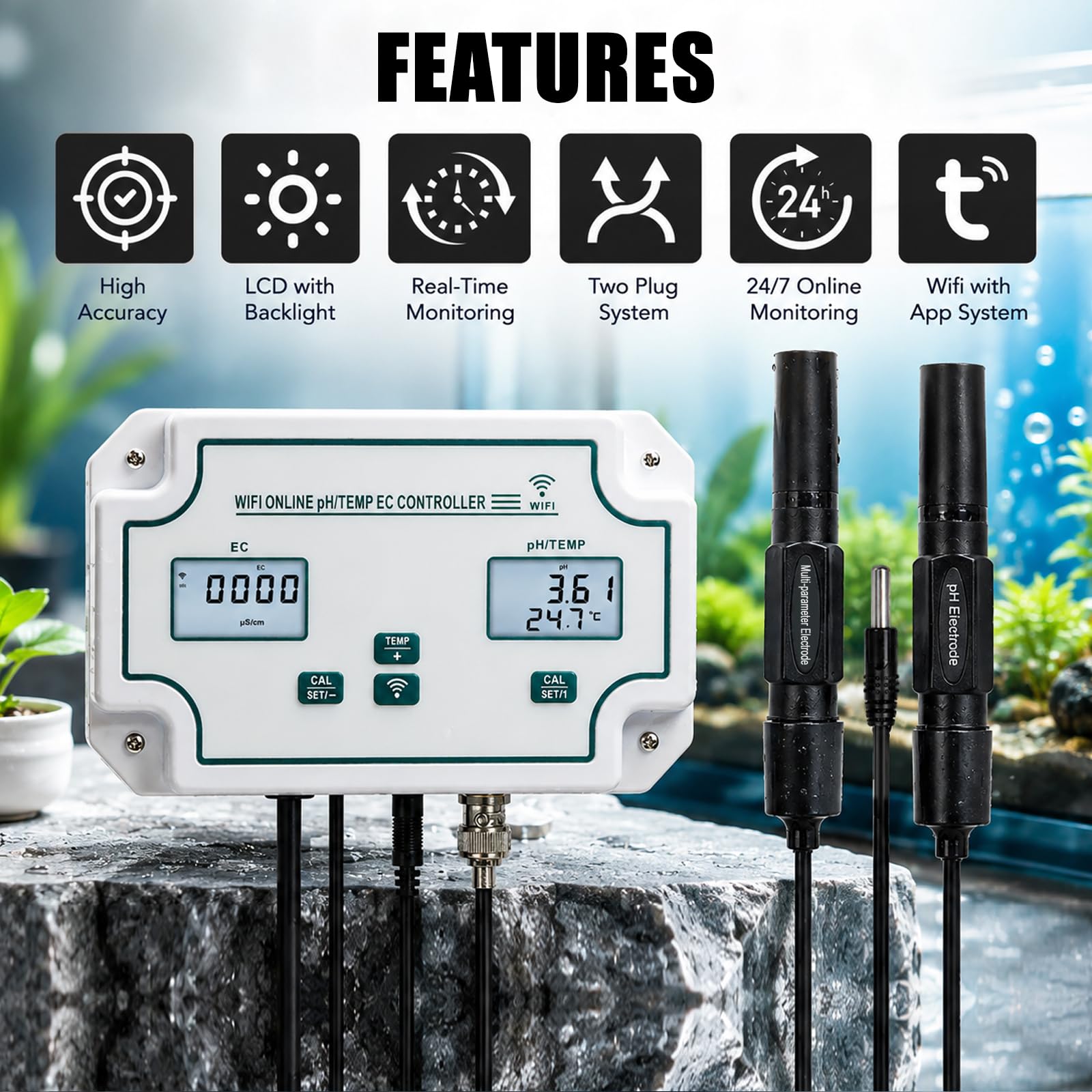 Testeur de Qualité d'Eau Intelligent WiFi 3-en-1 pH EC Temp Moniteur | Surveillance mobile en direct, historique des données, réglages d'alarme, capteurs de précision, fixation murale, ATC