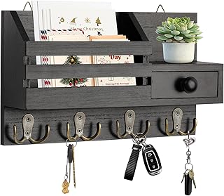 Key Holder Wall Mount, Wooden Adhesive Mail and Key Organizer with Drawer, Small Shelf, 8 Hooks, 2 Installation Methods, Black