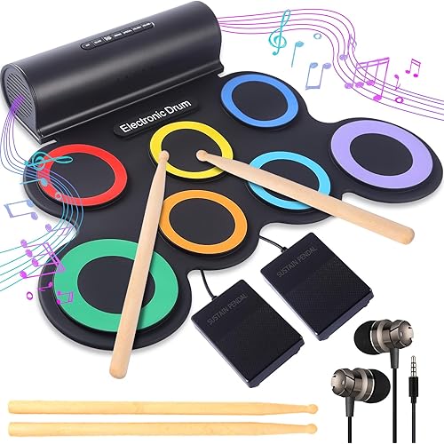 Portable Electronic Drum Set 7-Pads: Roll Up Drum Pad for Kids - Midi Electric Drum Set with Headphone and 2 Pairs Drumsticks 10 Hours Playtime - Holiday Birthday Christmas Gift for Kids 3+ Years