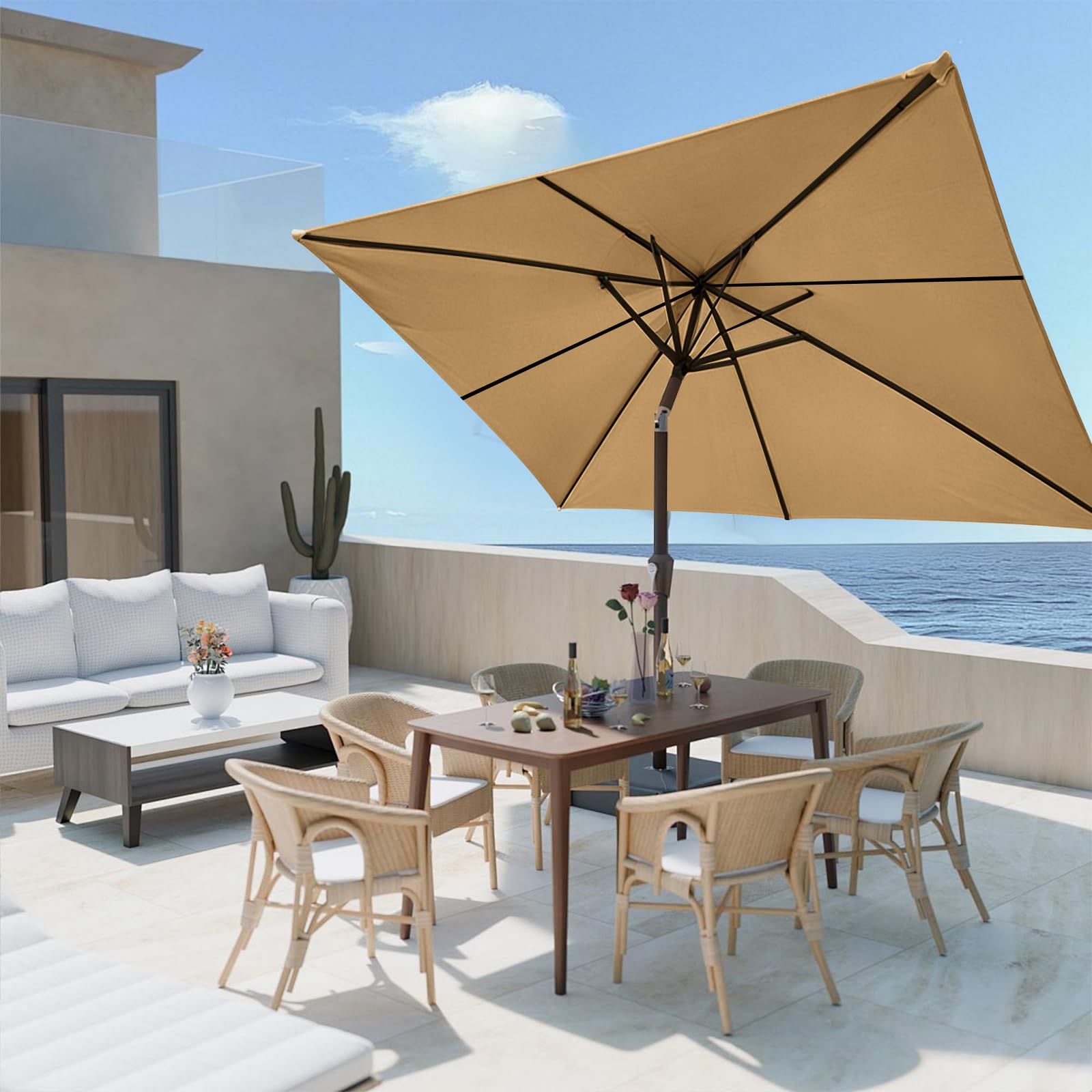 Toldo de Recambio de Sombrilla 3x3m Cuadrada para 6 Varillas, Tela de Repuesto de Poliéster para Parasol de Jardín y Terraza, Cubierta con Protección UV30+