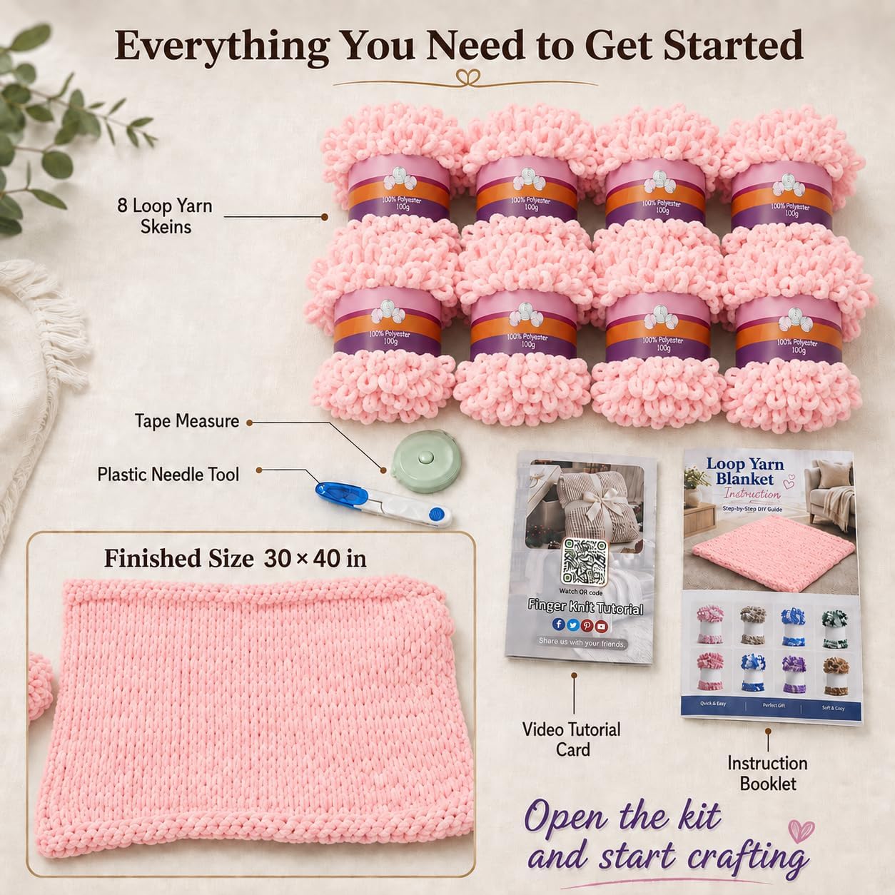 Reessy Loop Yarn Blanket Making Kit, 8 Skeins, Finger Knitting, Warm Pink