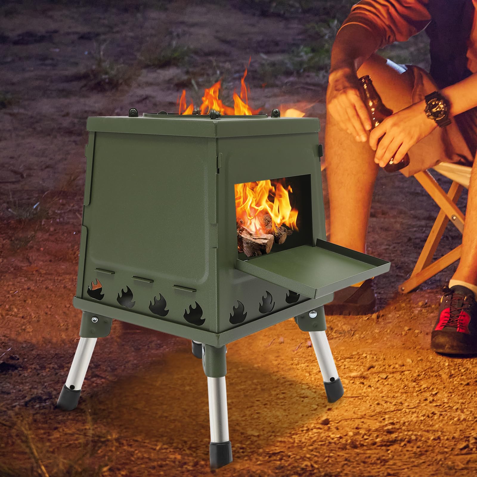 Campinggrill Edelstahl, Tragbarer Holzofen für Camping, Boden Stehend Gartenofen Zelt Ofen Outdoor, Zeltofen, Terrassenofen, für Camping, Rucksacktourismus, Eisfischen und Jagd