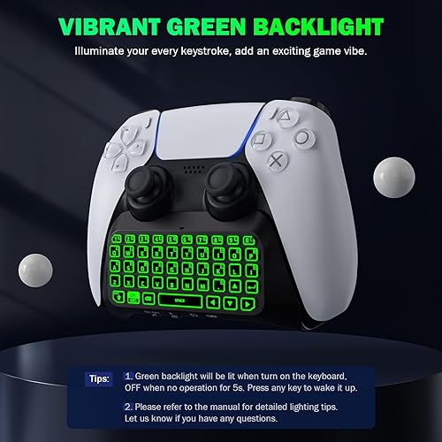 Miniatura 3 de MoKo Teclado para controlador PS5 con retroiluminación verde, mini teclado inalámbrico Bluetooth para Playstation 5, altavoz incorporado y conector