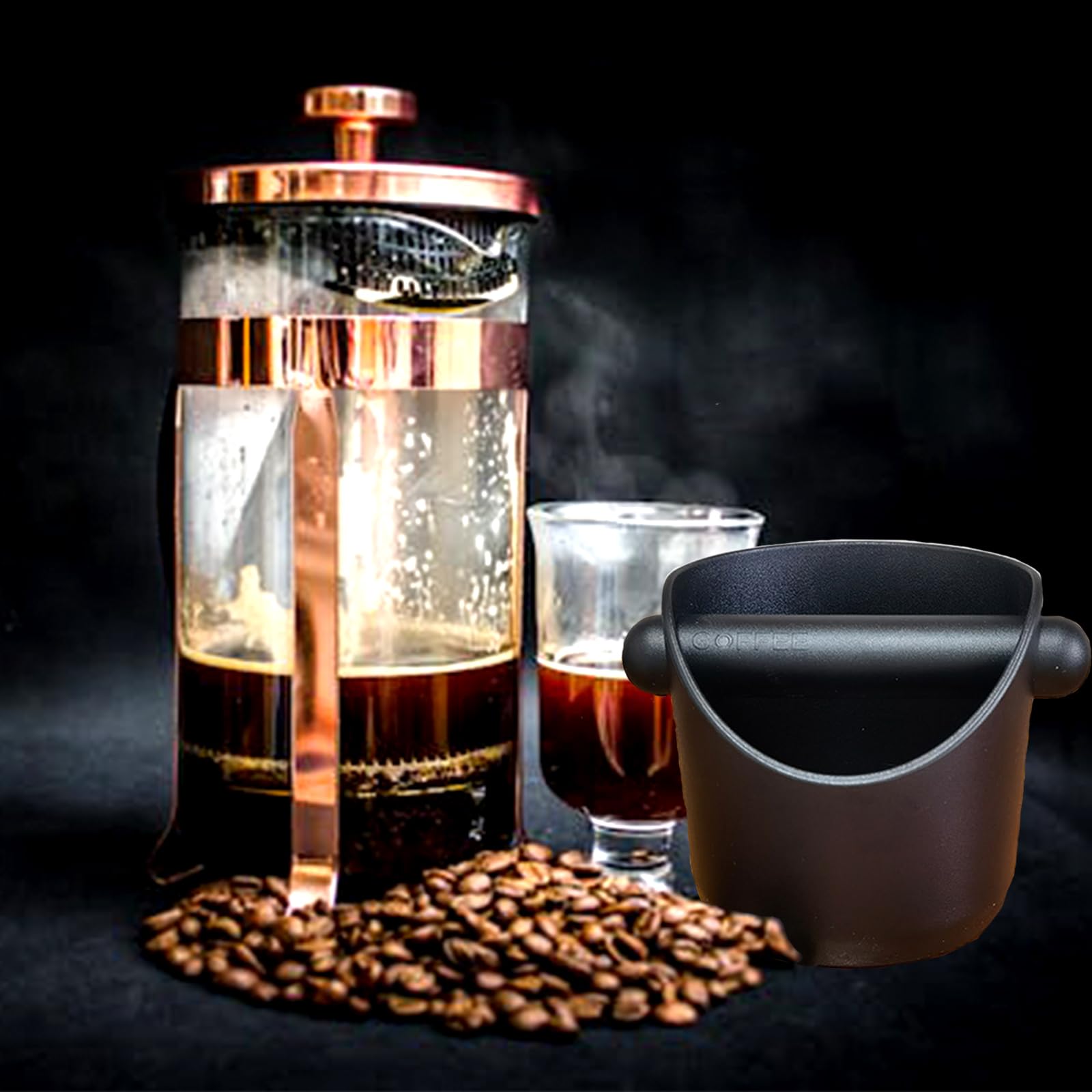Eruceky Espresso Knock Box, Caffè Gomma Contenitore, con Bastoncino Silicone Accessori, per Raccolta e Riciclaggio, 3,94x3,94x4,33 Pollici (Nero